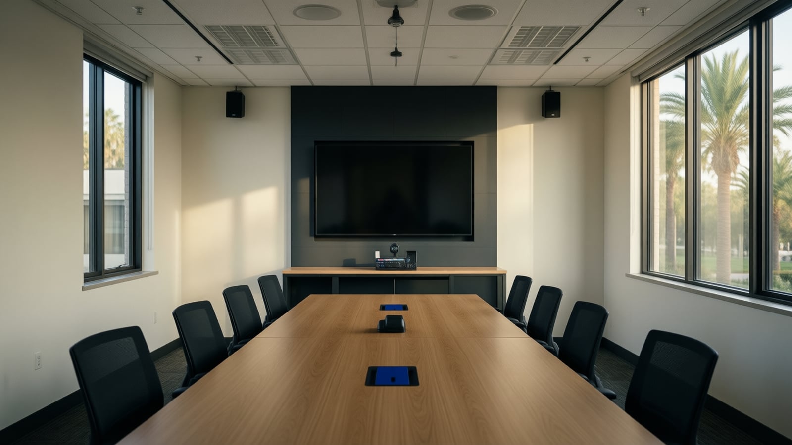 An empty conference room with a long wooden table, a wall display and palm trees outside the windows