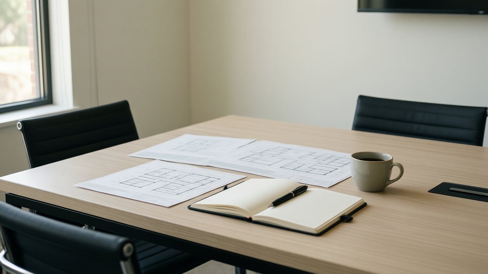 Printed plans and a notebook on a meeting table in daylight
