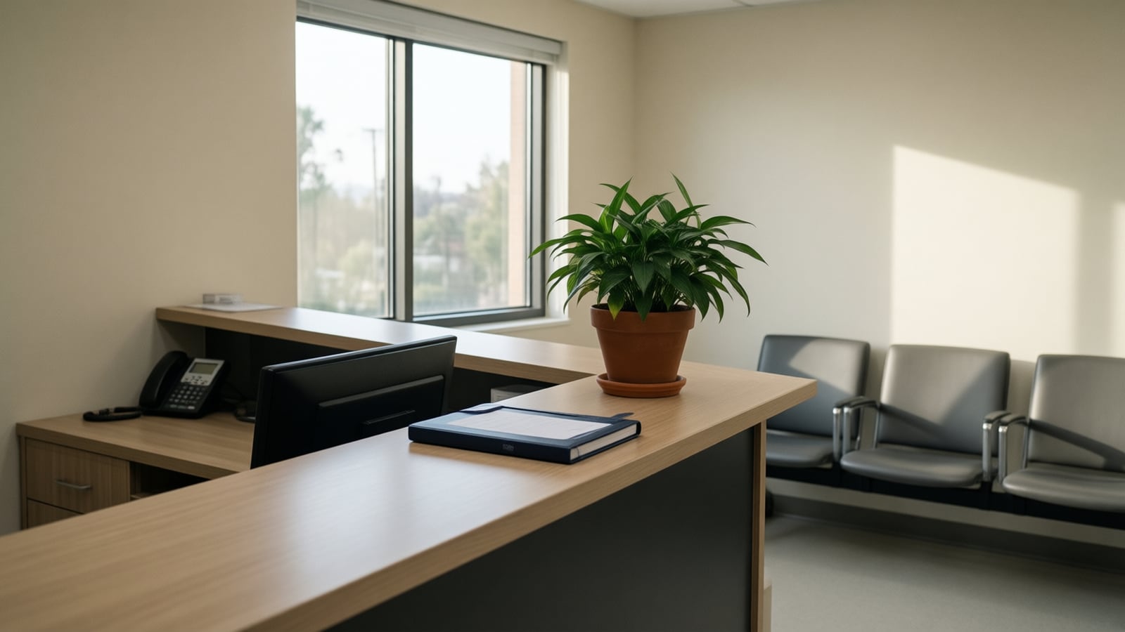 A quiet medical clinic front desk with a desk phone, a closed binder and a potted plant in morning light