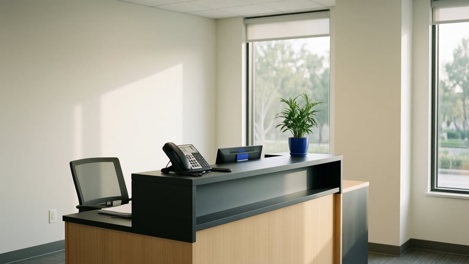 A quiet reception desk in a bright Irvine office lobby with a modern desk phone, a small potted plant and an empty chair