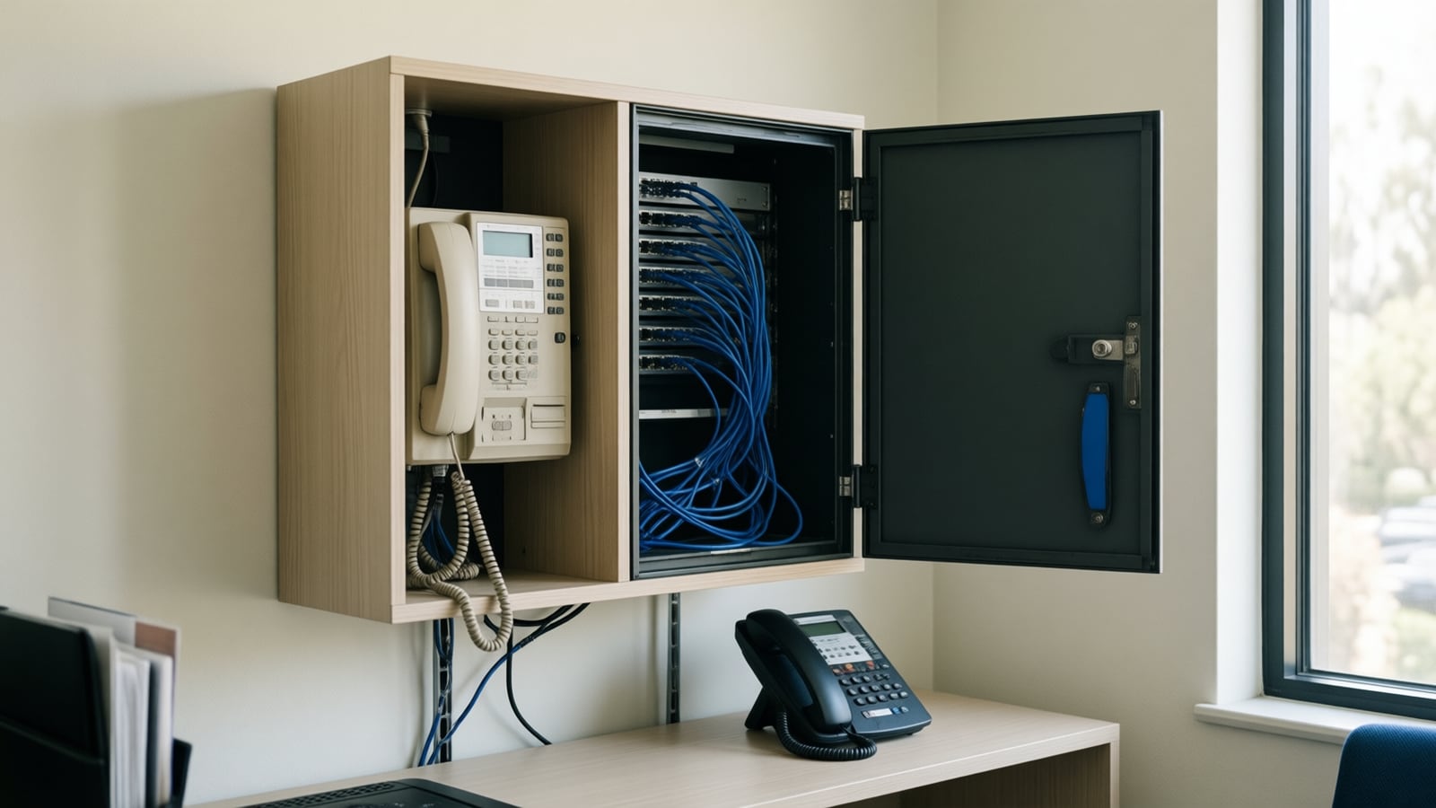 An open telecom cabinet in a small office with an old beige phone unit, network switches and blue patch cables, and a desk phone below