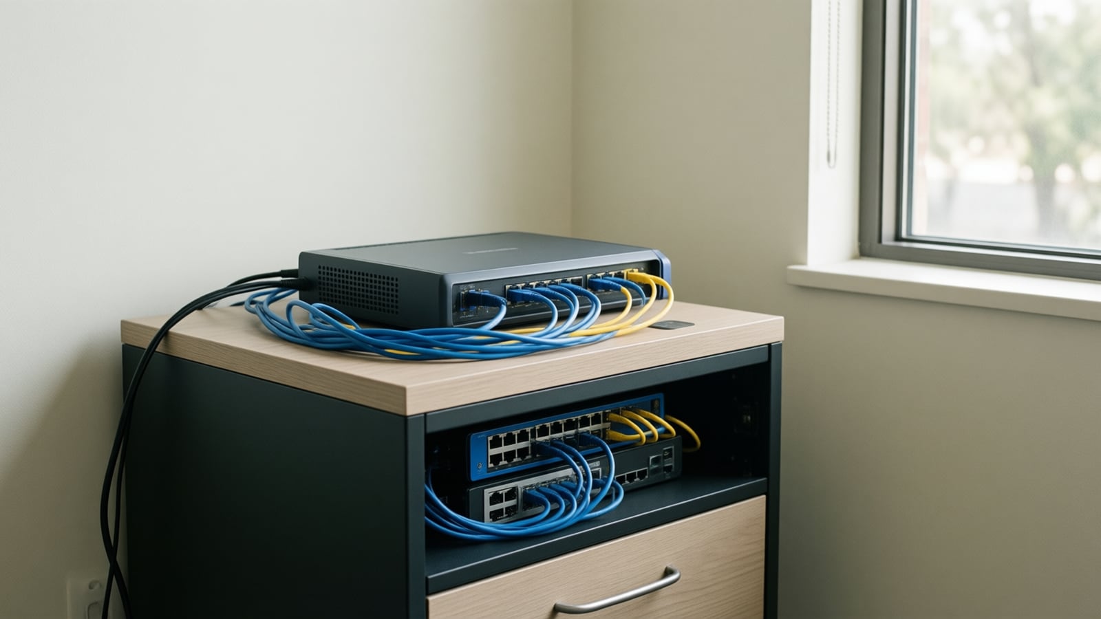 A compact firewall appliance and network switches with blue and yellow patch cables in a small office cabinet by a window